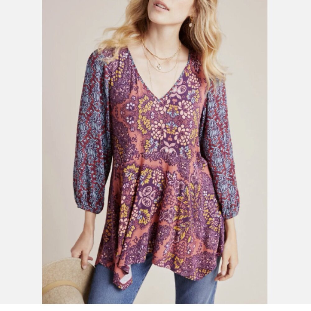 Anthropologie Maeve Mariela V-Neck Flowing Printed Puff 3/4 Sleeve Tunic Sz M